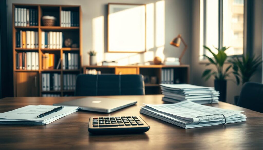 A stylish office setting with a neatly organized desk featuring a laptop, calculator, and stack of financial documents. Warm, natural lighting illuminates the scene, creating a focused and productive atmosphere. In the background, a bookshelf filled with business-related books and a minimalist wall art piece providing a touch of sophistication. The overall composition conveys a sense of careful budgeting, financial planning, and effective management of a small business's resources during challenging economic times.