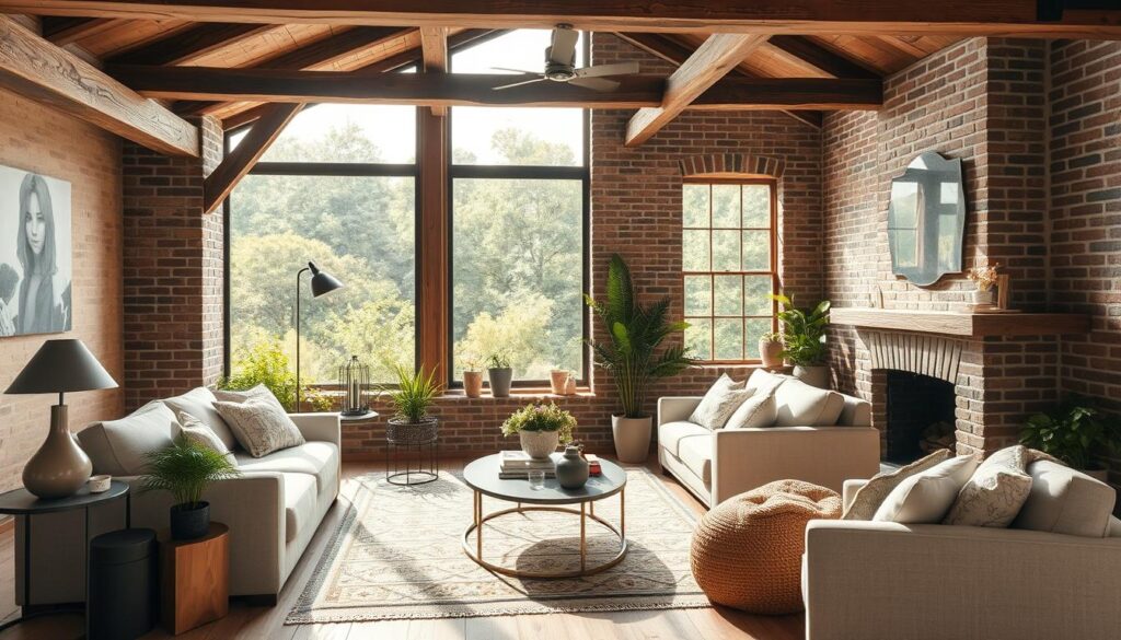 A cozy rustic living room bathed in warm natural light. Weathered wood beams and exposed brick walls create a charming, modern farmhouse ambiance. Soft linen furnishings, plush area rugs, and potted greenery add texture and a lived-in, inviting feel. A large picture window overlooks a lush, verdant landscape, blurring the line between indoors and out. Minimalist metal and glass decor elements provide subtle industrial accents, balancing the rustic core. Overall, a harmonious blend of old and new, natural and manmade, resulting in a serene, welcoming space that embodies the essence of modern rustic style.