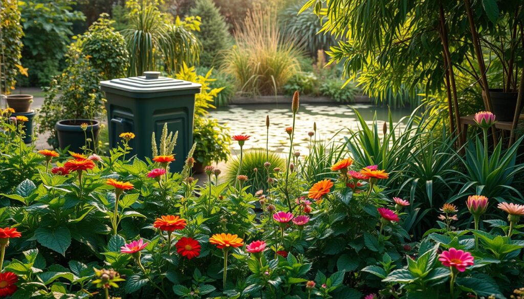 A lush, verdant garden scene showcasing the value of ecological methods. In the foreground, flourishing plants and flowers in vibrant hues, tended with care and without the use of harsh chemicals. In the middle ground, a compost bin and natural pest deterrents, embodying the sustainable practices that enrich the soil. The background features a tranquil pond, surrounded by native greenery, creating a harmonious ecosystem. Warm, diffused lighting from the sun filters through the scene, casting a serene, naturalistic atmosphere. The overall composition conveys the beauty, vitality, and environmental benefits of ecological gardening methods.