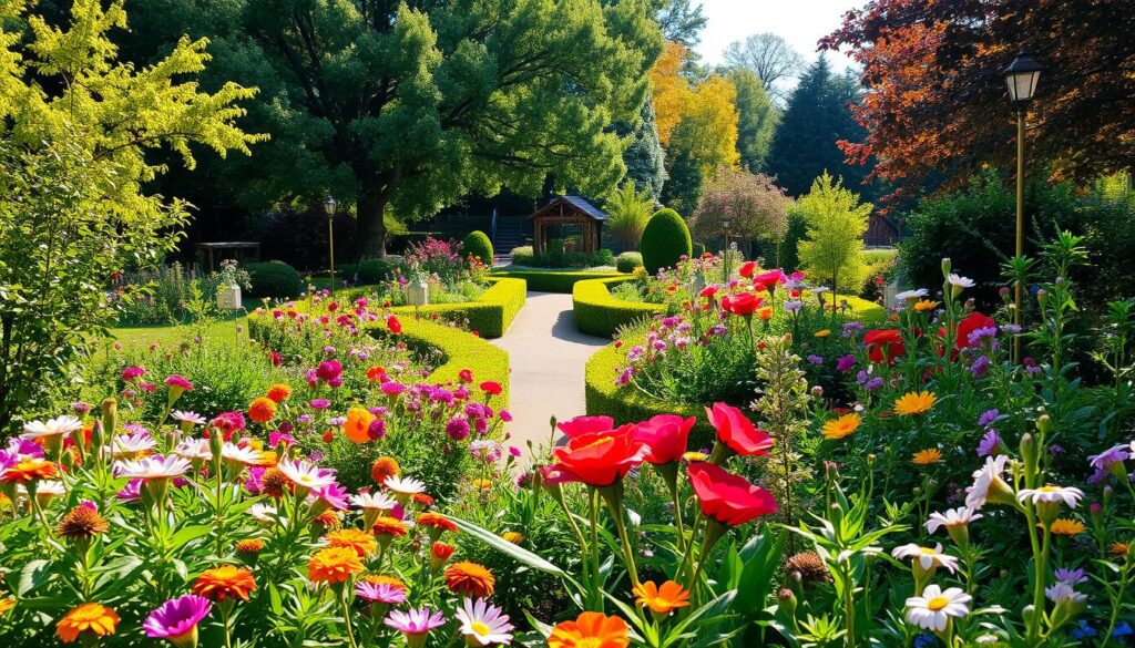 A lush, vibrant garden in full bloom, showcasing the seasonal transitions throughout the year. In the foreground, an abundance of colorful flowers and thriving plants, their petals and leaves gently swaying in a soft, warm breeze. In the middle ground, a winding garden path flanked by neatly trimmed hedges and flourishing shrubs, leading the eye deeper into the scene. In the background, a glimpse of a charming wooden gazebo or garden shed, nestled among a diverse array of mature trees casting dappled shadows across the scene. The lighting is soft and natural, capturing the essence of each season, from the vibrant hues of spring to the rich autumnal tones. The overall atmosphere is one of tranquility, inviting the viewer to immerse themselves in the beauty and serenity of this ever-changing, year-round garden oasis.