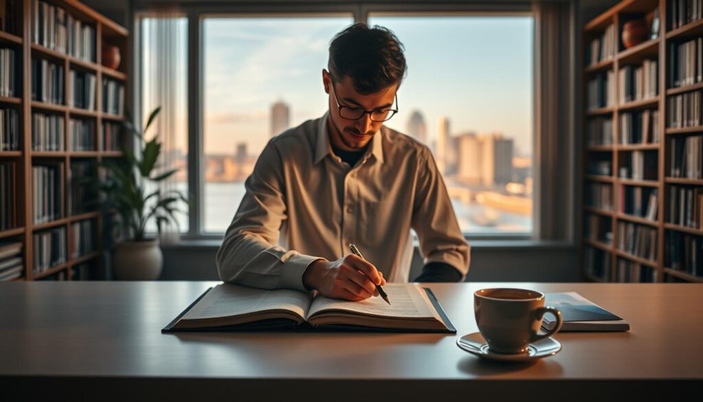 A serene and contemplative scene of a person engrossed in the study of personal finance. In the foreground, a minimalist desk with a book, pen, and a cup of coffee, illuminated by warm, soft lighting. The middle ground features a large window overlooking a tranquil city skyline, creating a sense of balance between the introspective work and the broader financial world beyond. In the background, bookshelves line the walls, hinting at the depth of knowledge and research in the field of financial psychology. The overall atmosphere evokes a thoughtful, introspective mood, encouraging the viewer to reflect on the interplay between our minds and our financial decisions.