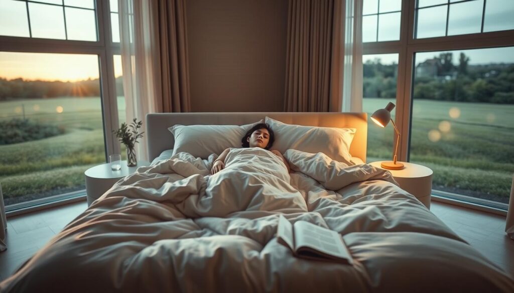 A serene bedroom scene, bathed in soft, warm lighting. In the center, a figure rests peacefully on a plush, inviting bed, blanketed in a cozy duvet. The bedside table holds a glass of water and a book, signifying the importance of healthy sleep habits. The room is decorated with calming, neutral tones, creating a tranquil atmosphere. Large windows offer a view of a peaceful, natural landscape, emphasizing the connection between healthy sleep and a harmonious environment. The overall scene conveys the restorative power of a "kluczowy sen" - a crucial, rejuvenating sleep that serves as the foundation for well-being and appearance.