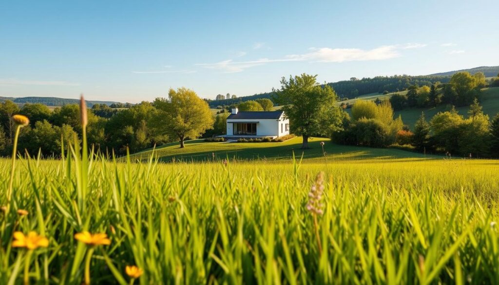 A serene, sun-dappled meadow, with lush green grass and vibrant wildflowers in the foreground. In the middle ground, a modern, minimalist home nestled among the trees, its clean lines and large windows reflecting the tranquil scene. In the background, rolling hills and a clear blue sky, with a few wispy clouds drifting lazily overhead. The lighting is soft and natural, casting a warm, golden glow over the entire scene. The overall atmosphere conveys a sense of financial security, freedom, and harmony, capturing the essence of financial independence.