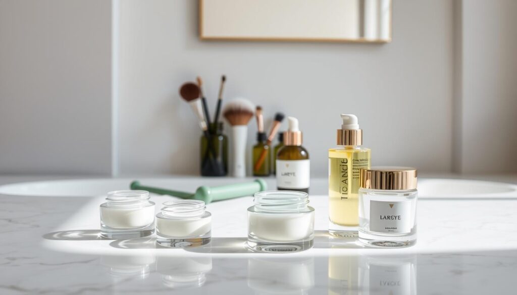 A serene, tranquil scene showcasing the essentials of skincare after 30. In the foreground, delicate glass jars filled with luxurious creams, oils, and serums sit atop a clean, marble countertop, bathed in soft, natural lighting. The middle ground features an array of skincare tools - a jade roller, a facial cleansing brush, and a set of makeup brushes, all arranged neatly. In the background, a minimalist, minimalist-inspired bathroom backdrop with muted tones and clean lines, creating a calming, spa-like atmosphere. The overall mood is one of simplicity, sophistication, and a focus on the importance of a well-rounded skincare routine for mature, healthy skin.