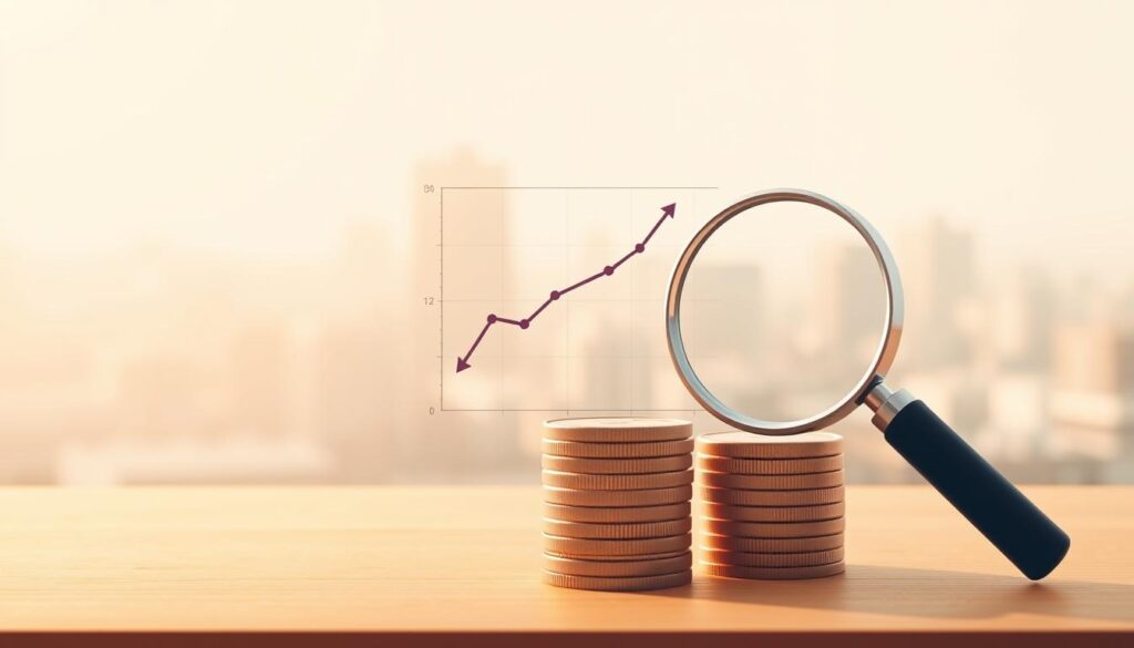 A thoughtful, minimalist illustration depicting the introduction to investing. A simple, clean composition with a calming, educational atmosphere. In the foreground, a stack of coins and a magnifying glass, symbolizing the close examination of financial opportunities. In the middle ground, a geometric grid representing investment strategies, with lines and arrows guiding the viewer's eye. In the background, a soft, blurred cityscape, suggesting the broader economic landscape. Warm, diffused lighting casts a gentle glow, creating an inviting, approachable scene. Composition balanced, colors muted yet refined, evoking a sense of contemplation and financial literacy.