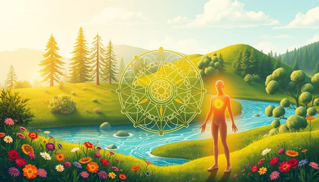 A vibrant illustration showcasing the significance of immunity. In the foreground, a stylized human figure, their body glowing with a warm, protective aura. Surrounding them, a lush, verdant landscape teeming with life - towering trees, blooming flowers, and a crystal-clear stream reflecting the sky above. In the middle ground, intricate patterns and symbols representing the complex systems of the human immune system, pulsing with energy. The background is bathed in a soft, diffused light, evoking a sense of serenity and balance. The overall composition conveys the idea of the body's natural ability to defend itself, highlighting the importance of maintaining a strong and resilient immune system.