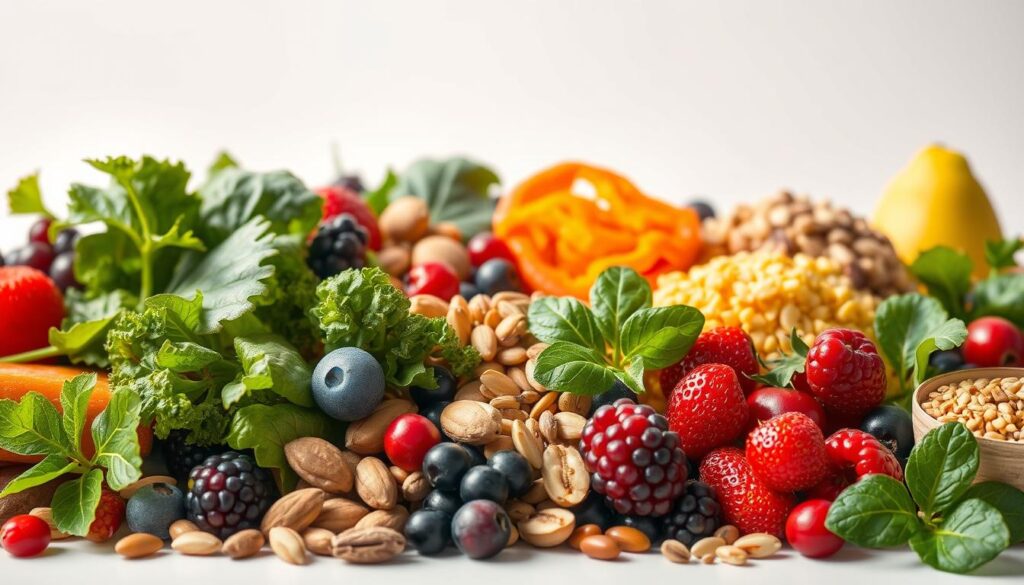 A lush, vibrant close-up illustration of various superfoods arranged in a visually compelling composition. The foreground features an assortment of colorful, nutrient-dense ingredients such as leafy greens, berries, nuts, and seeds, all captured in crisp, high-resolution detail under natural, soft lighting. The middle ground showcases the diversity of these superfoods, emphasizing their unique shapes, textures, and vibrant hues. The background is a clean, minimalist surface that allows the superfoods to take center stage, conveying a sense of simplicity and purity. The overall mood is one of health, vitality, and the inherent beauty of nature's most nutrient-dense foods.