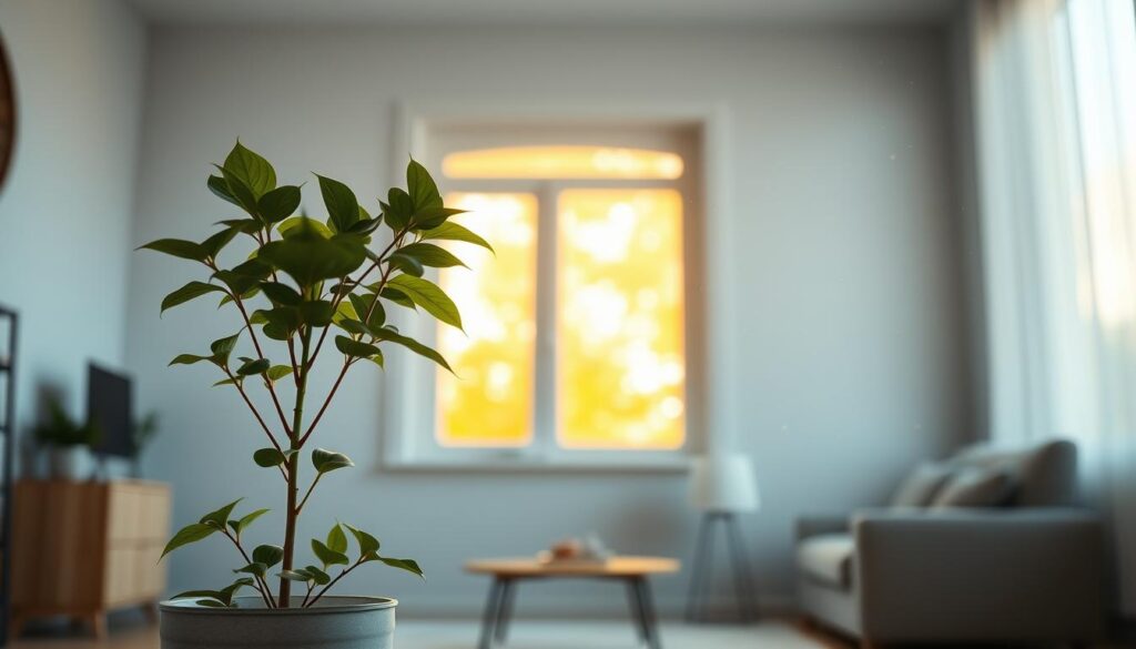 A pristine, well-lit interior scene showcasing the importance of air quality in a home. In the foreground, a small houseplant stands as a symbol of nature's ability to purify the air, its lush green leaves gently swaying. The middle ground features a large window, allowing warm, natural light to flood the space and illuminate floating dust particles, visually representing the need for air refreshment. In the background, subtle hues of blue and grey create a calming, serene atmosphere, emphasizing the tranquility and health benefits of clean, rejuvenated indoor air. The lighting is soft and diffused, creating a sense of warmth and comfort. The camera angle is slightly elevated, providing a welcoming, inviting perspective.