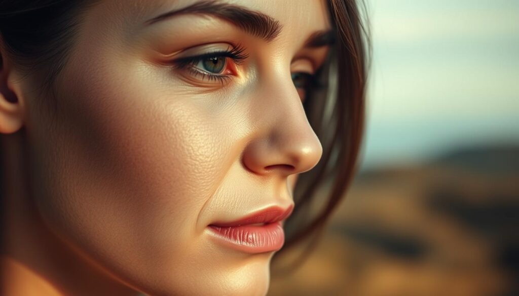 A serene, close-up portrait of a pensive woman's face, her skin glowing with a healthy radiance. The lighting is soft and diffused, creating a tranquil, contemplative atmosphere. In the background, a blurred, abstract landscape symbolizes the connection between mental well-being and skin health. The woman's expression conveys a sense of mindfulness, reflecting on the delicate balance between stress and its physiological impacts. Subtle textures and details in the skin suggest the interplay between the mind and the body. The overall composition and mood invite the viewer to pause and consider the intricate relationship between emotional and dermatological wellness.