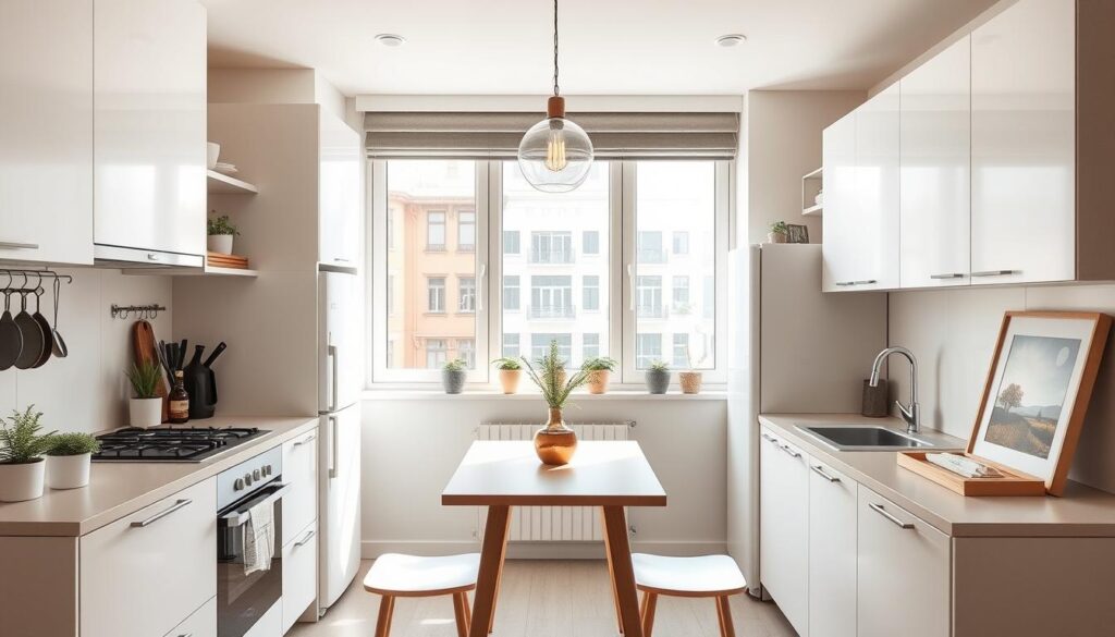 A well-organized small kitchen in a cozy apartment block, with natural light flooding through large windows. Sleek, minimalist cabinets and countertops in neutral tones create a sense of spaciousness. Carefully placed shelves, hooks, and pull-out drawers maximize storage and keep essentials within easy reach. A pair of pendant lights hang above a compact dining table, casting a warm glow. The layout is efficient, with the stove, sink, and refrigerator forming a functional triangle. Potted herbs and a framed landscape painting add pops of color and a touch of personality. The overall atmosphere is one of calm, practical organization, perfectly suited for the introductory section on optimizing a small kitchen space.
